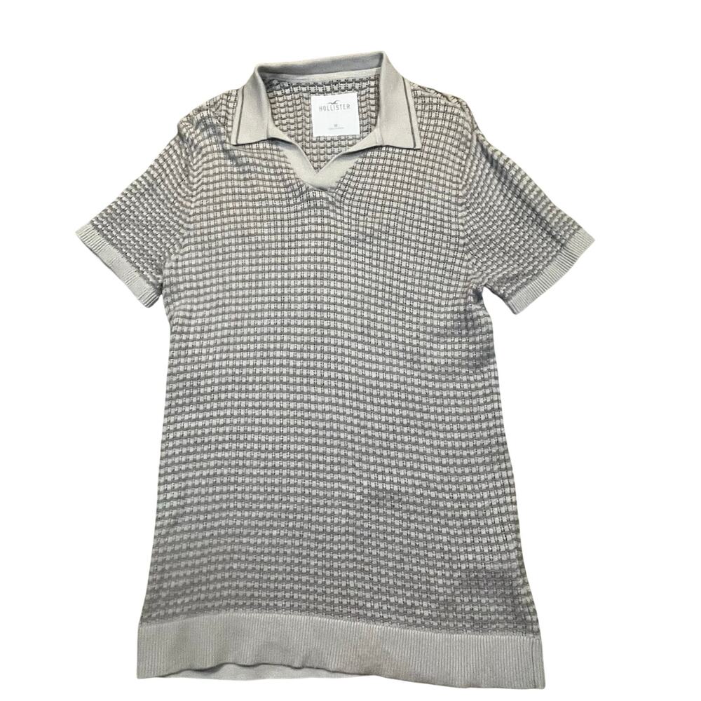 Hollister Knit Polo Shirt Men Medium Textured beige Short Sleeve Miami Vacation